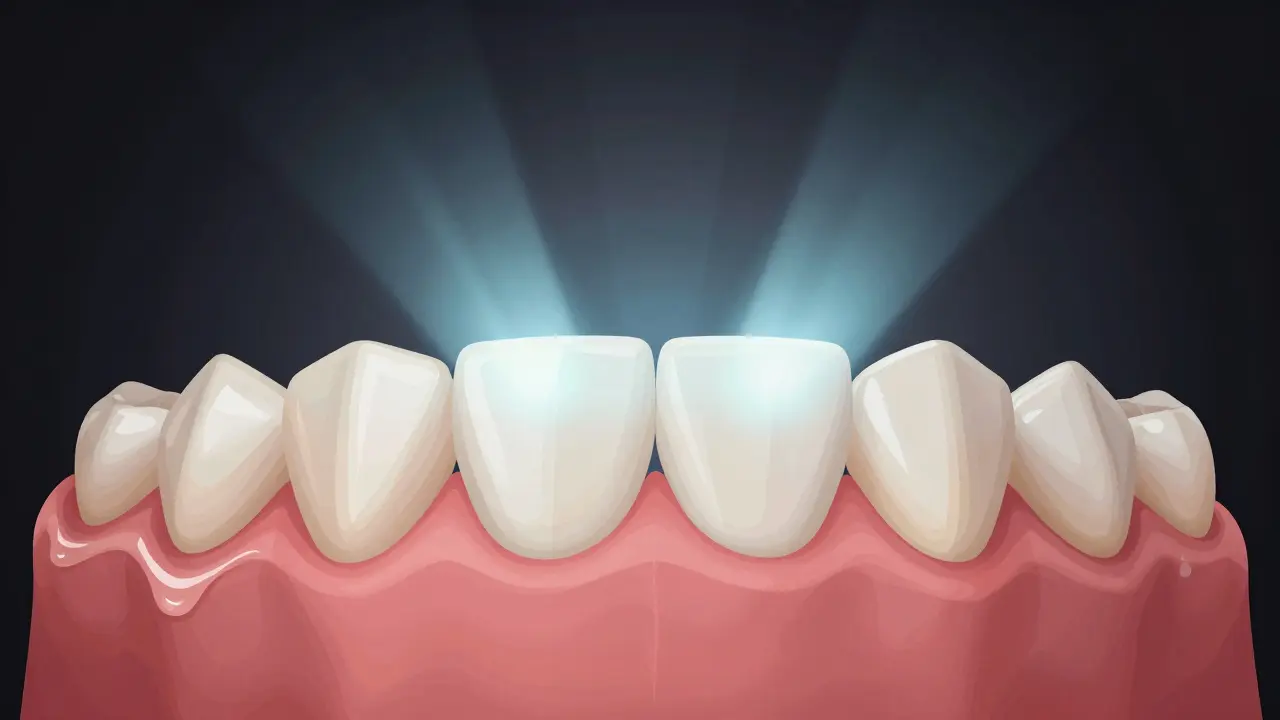 Detail zubů během bělení s jemným zářením uvnitř skloviny a mírným podrážděním dásní.