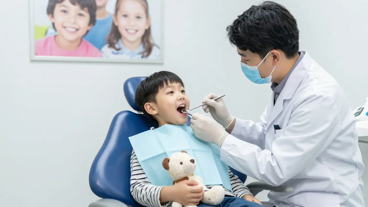 Dětský zubař jemně vyšetřuje ústa dítěte v klinice, dítě drží panenku.