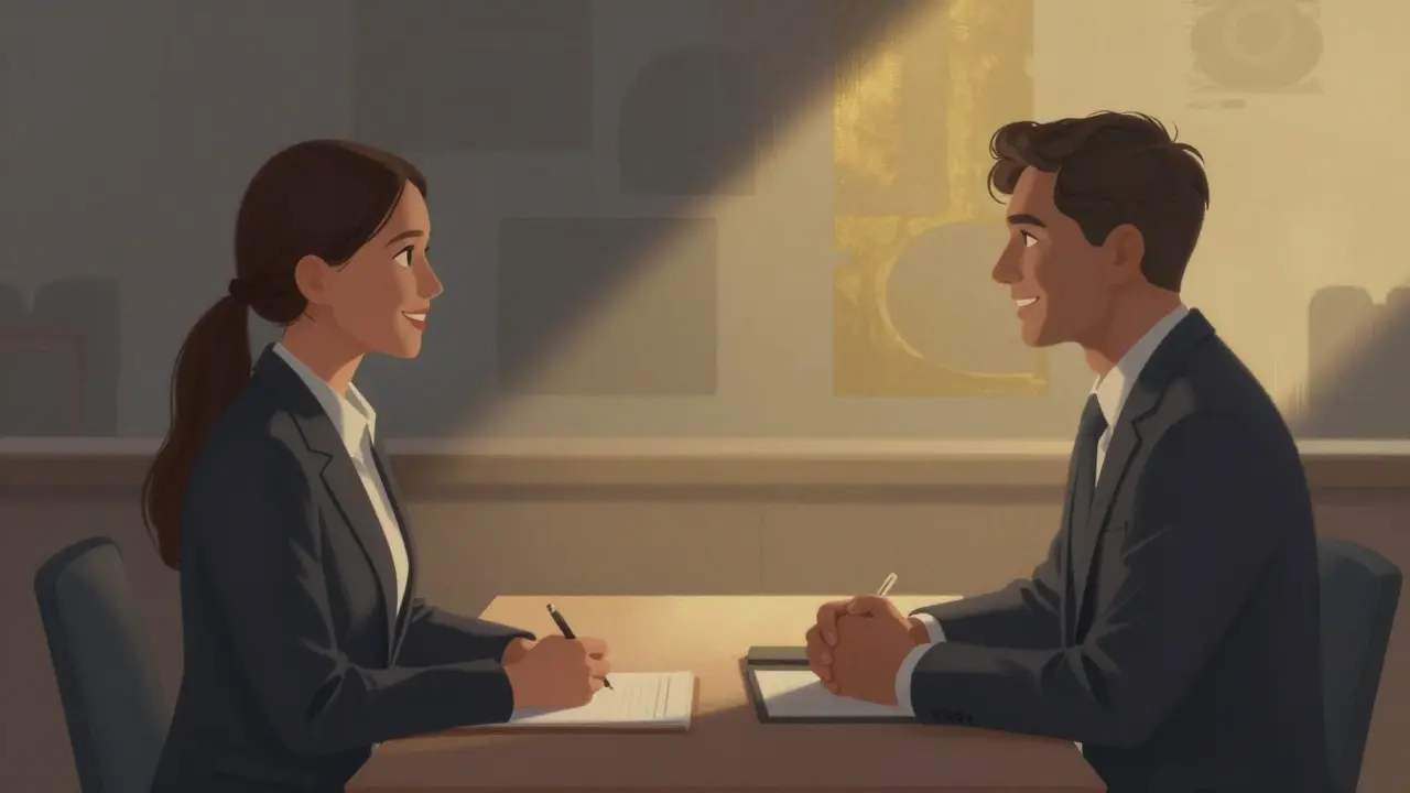 Dvě osoby na pohovoru, jedna s dokonalým úsměvem, druhá s mezerou mezi zuby, symbolizující nevědomou diskriminaci.