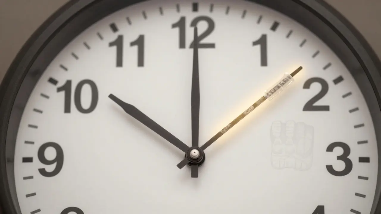 Hodiny s gumičkami namísto ručiček, ukazující důležitost výměny každých 24 hodin.