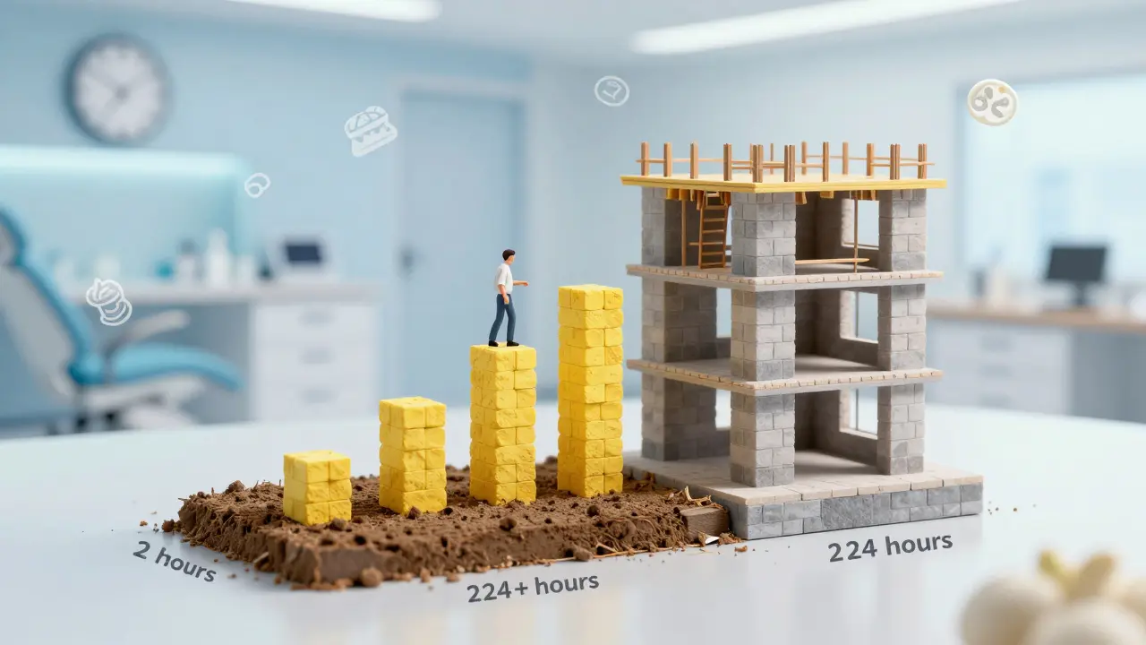 Kompozitní plomba jako stavba pod stavebním procesem s ikonami jídla a hodinami kolem.