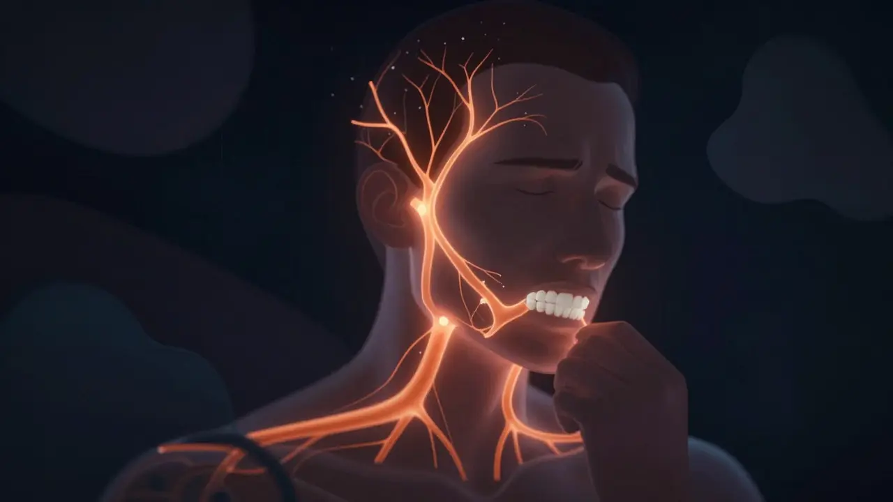 Koncepční znázornění trigeminálního nervu, který přenáší bolest do předních zubů.
