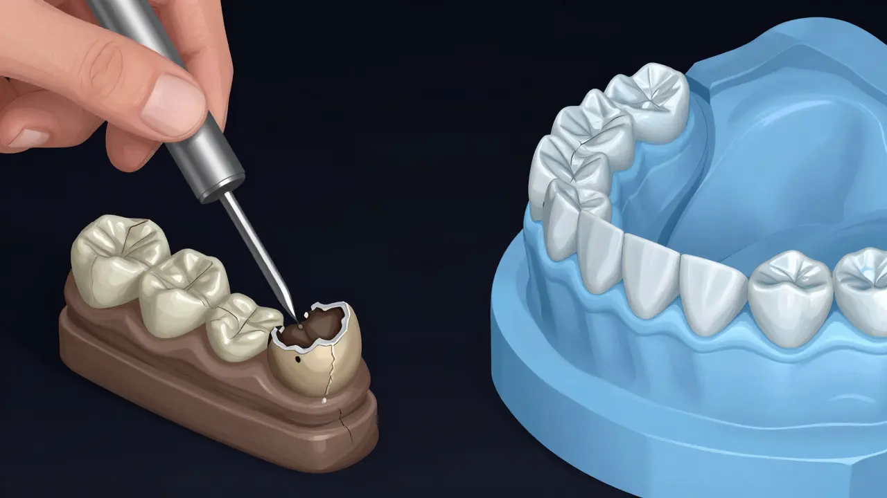 Kontrast mezi starým broušením amalgámových plomb a moderní digitální přesností bez broušení.