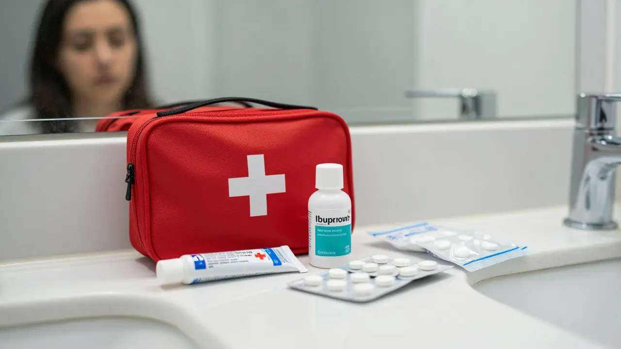 Malá lékárnička s zubním gelem, solnou vodou a ibuprofenem na umyvadle.
