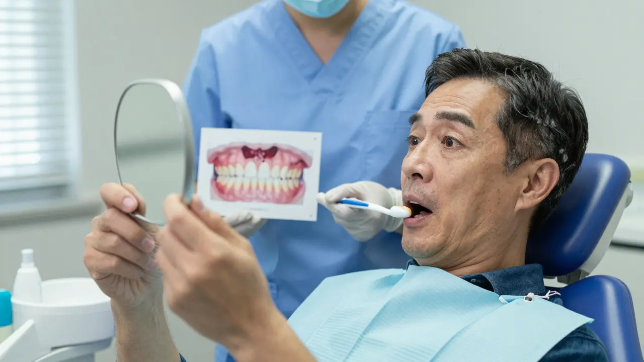 Muž v zubní klinice překvapeně hledí do zrcadla, kde vidí značný nános zubního kamene na zubech.