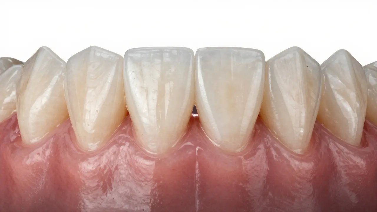 Natural-looking ceramic veneer bonded to a front tooth, blending seamlessly with surrounding enamel.