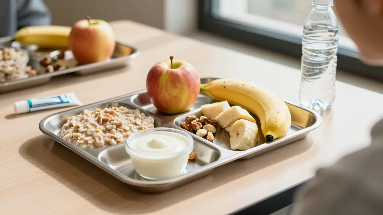 Obědový talíř studenta s rovnátky obsahuje měkké potraviny, ale neobsahuje tvrdé ovoce nebo oříšky.