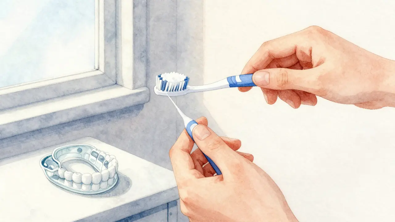 Osoba čistí zuby jemnou kartáčkou a nití, na stole noční ochrana.