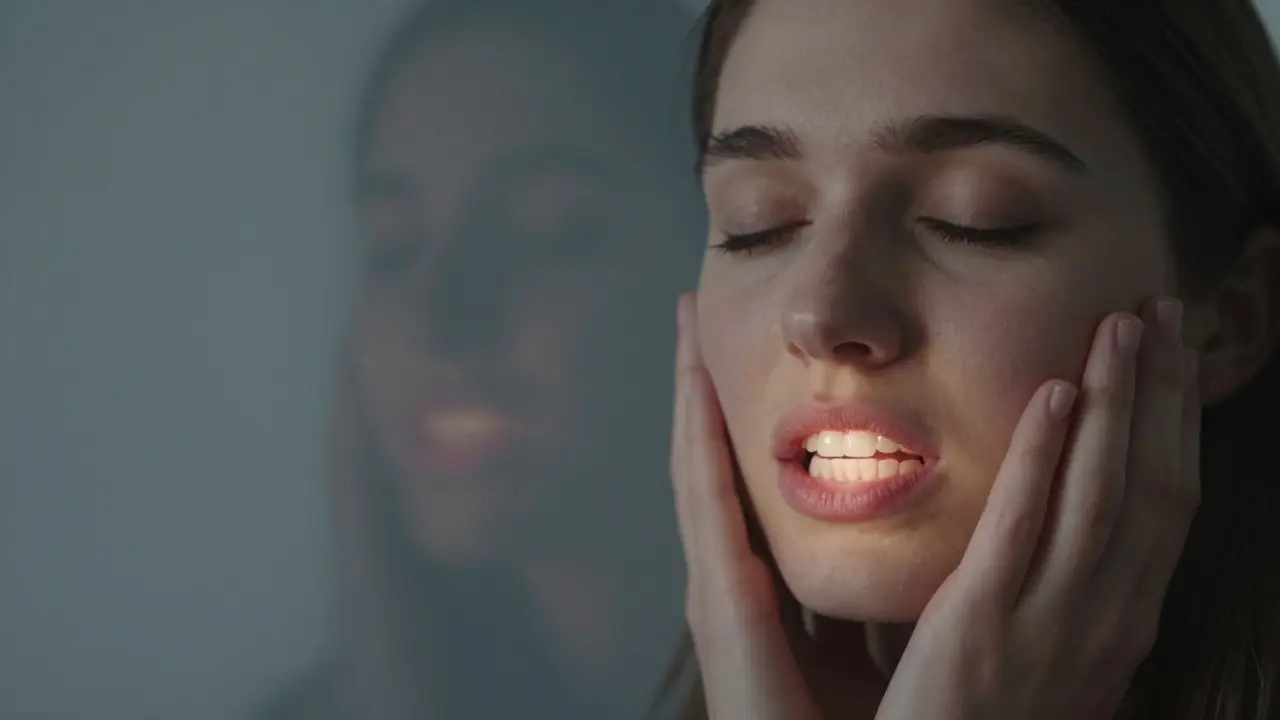 Osoba se špatným úsměvem, symbolizující skryté zubní problémy, které ohrožují celé zdraví.