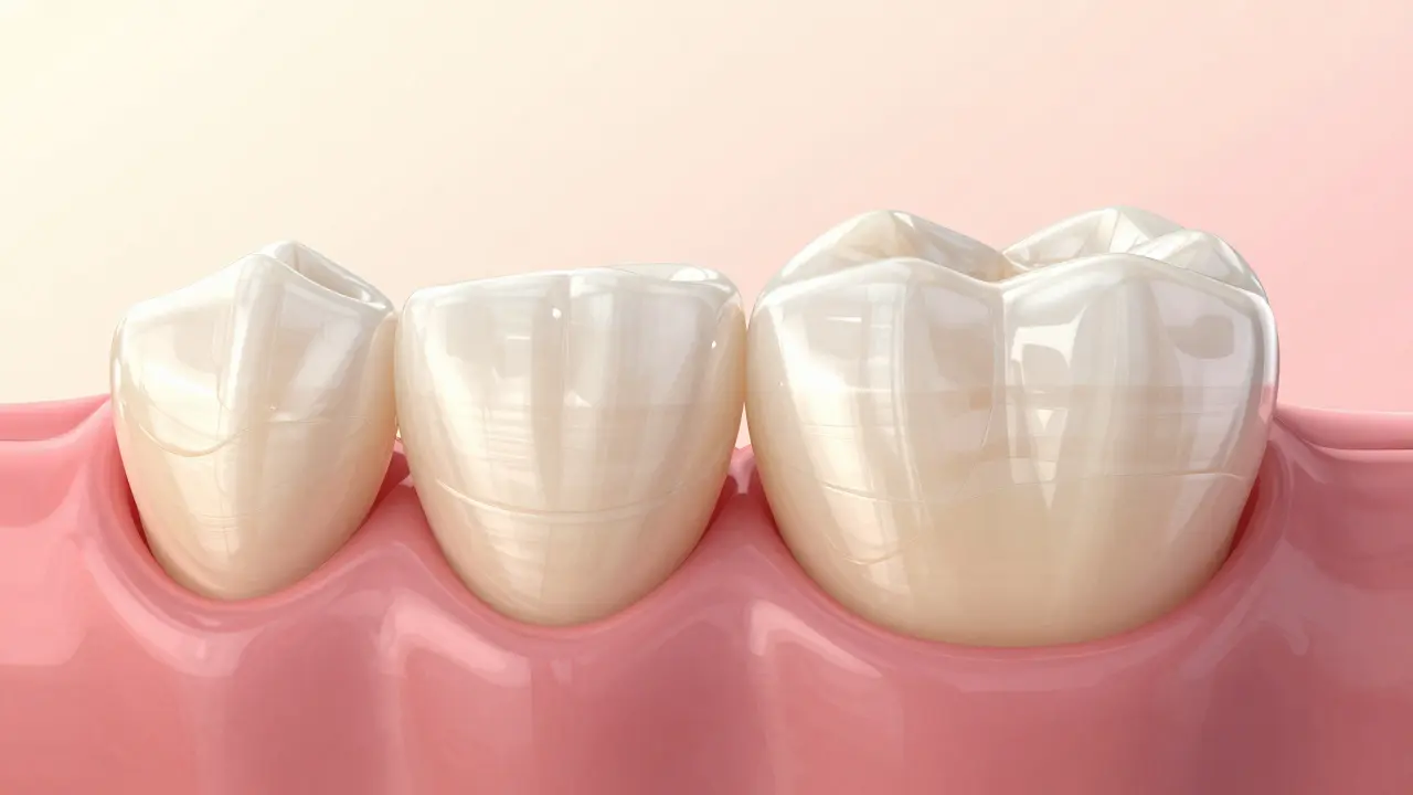 Porovnání přirozeného zubu a zubu s estetickou muškou s přirozeným leskem.