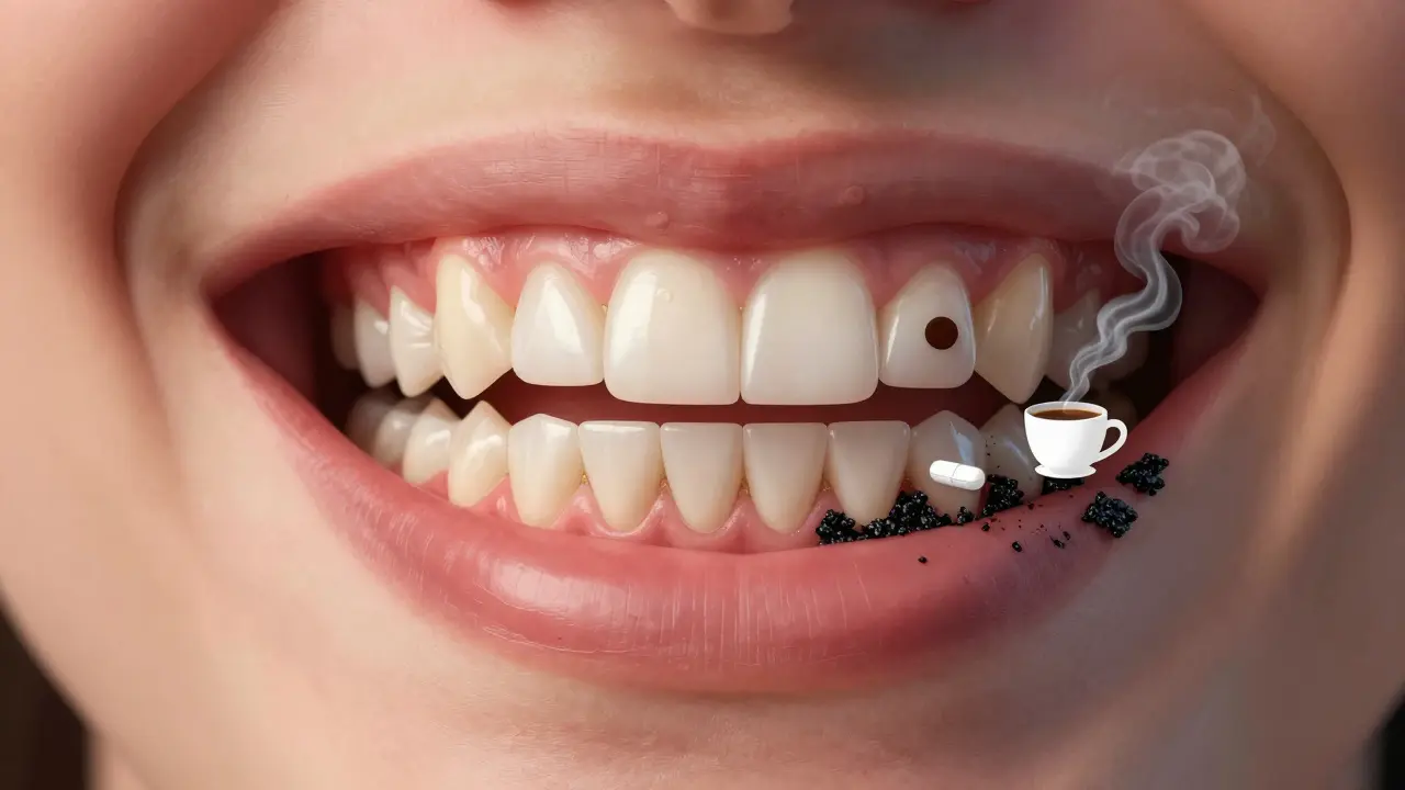 Porovnání zdravých zubů a zubů s černým kamenem, s doplňky stravy a nápoji v pozadí.