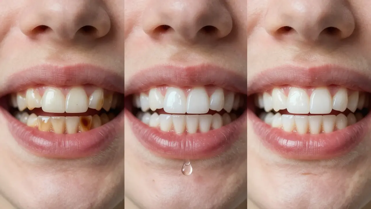 Postup bělení zubů: od zbarvených až po jasně bílé zuby v třech fázích.