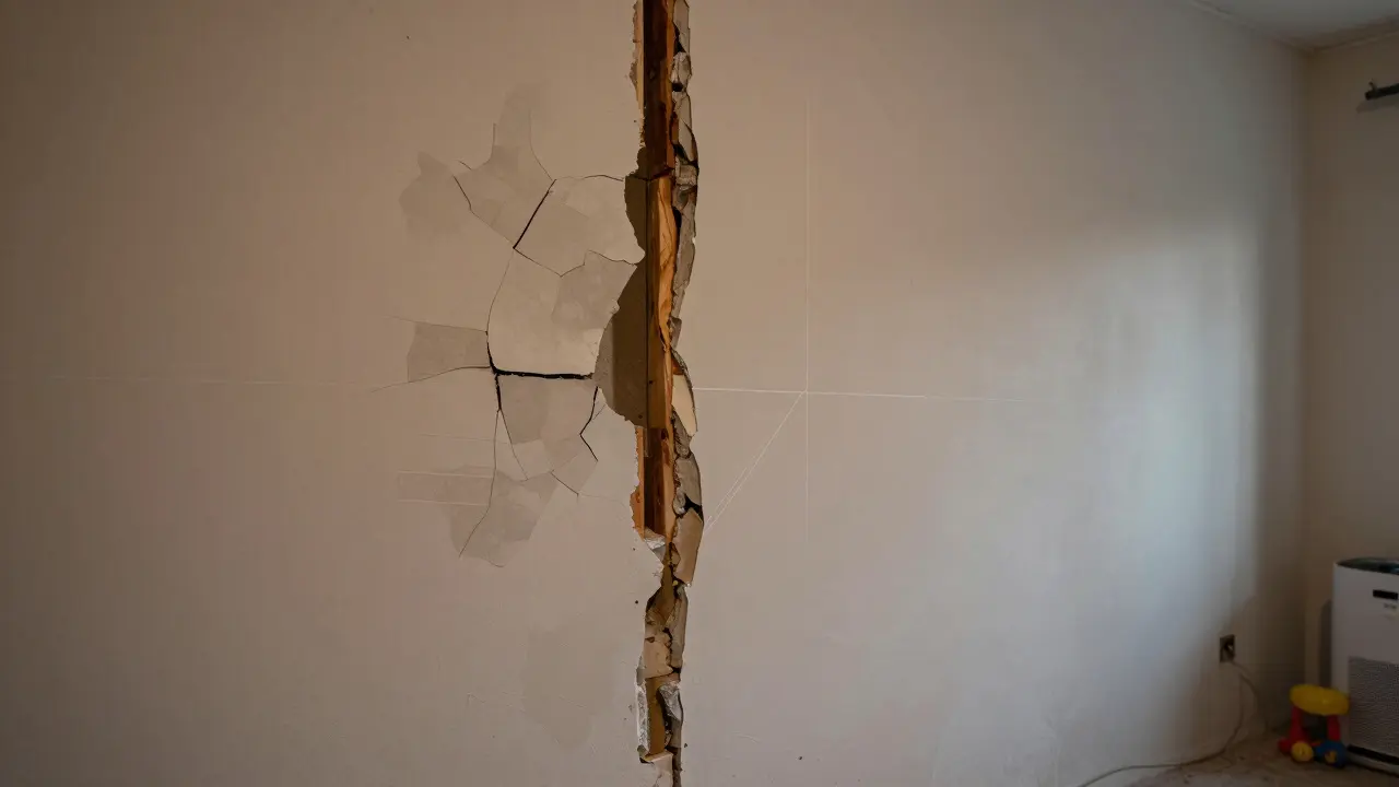 Před a po opravě díry ve zdí: zničená omítka vs. dokonale vyhlazená a natřená plocha.