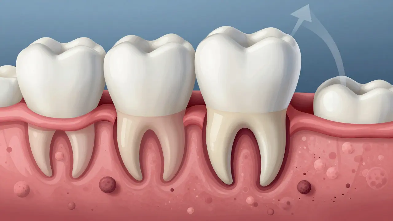 Průřez zubu a dásně s kamenem, bakteriemi a ztrátou kosti pod dásní.