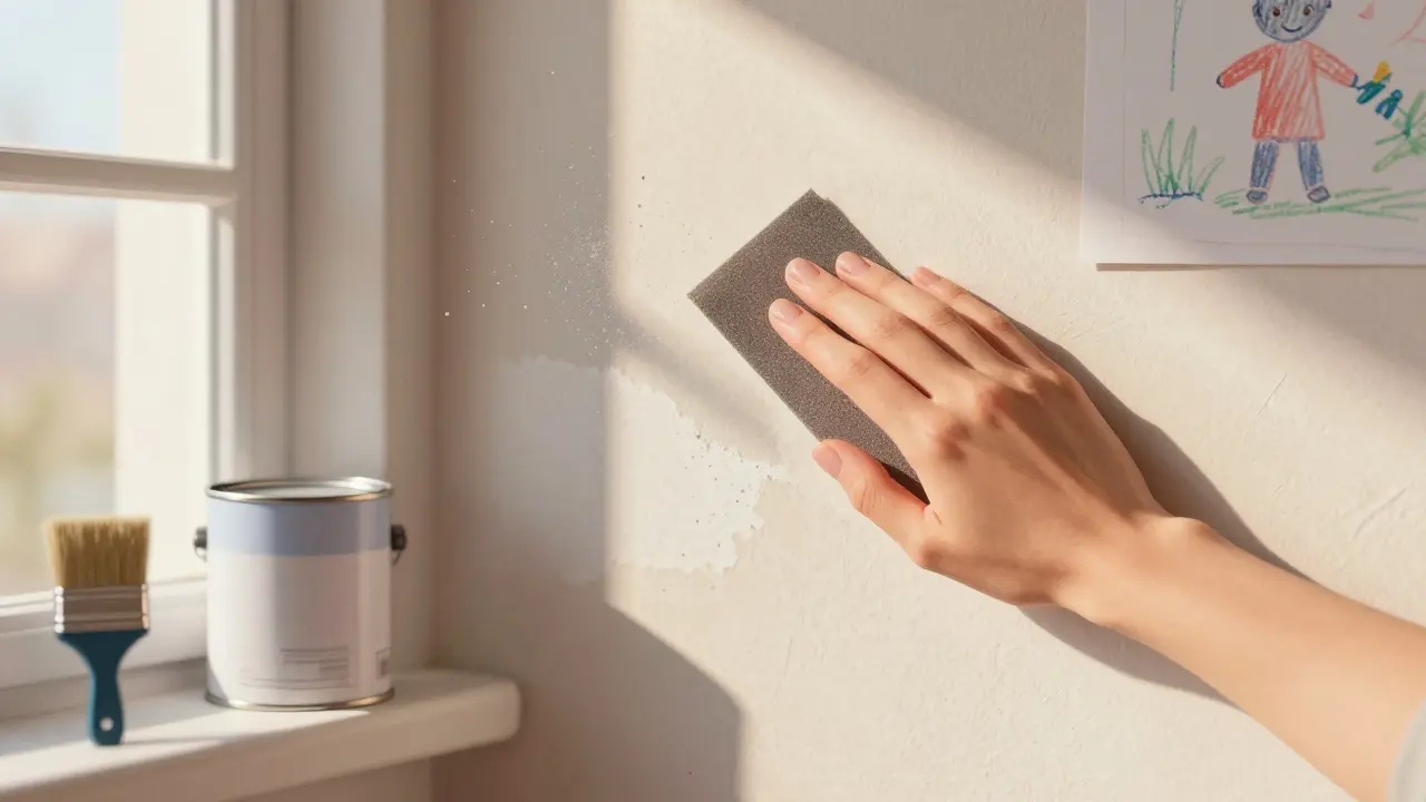 Ruka hladí opravenou oblast stěny jemným brusným papírem.
