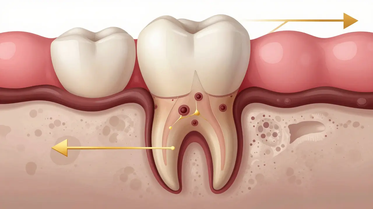 Schematický výřez zubu s kamenem a rozpadající se kostí pod dásní.