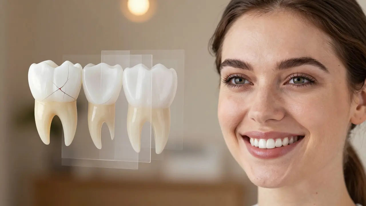 Smiling patient with flawless veneers, contrasted with a translucent overlay showing tooth restoration.