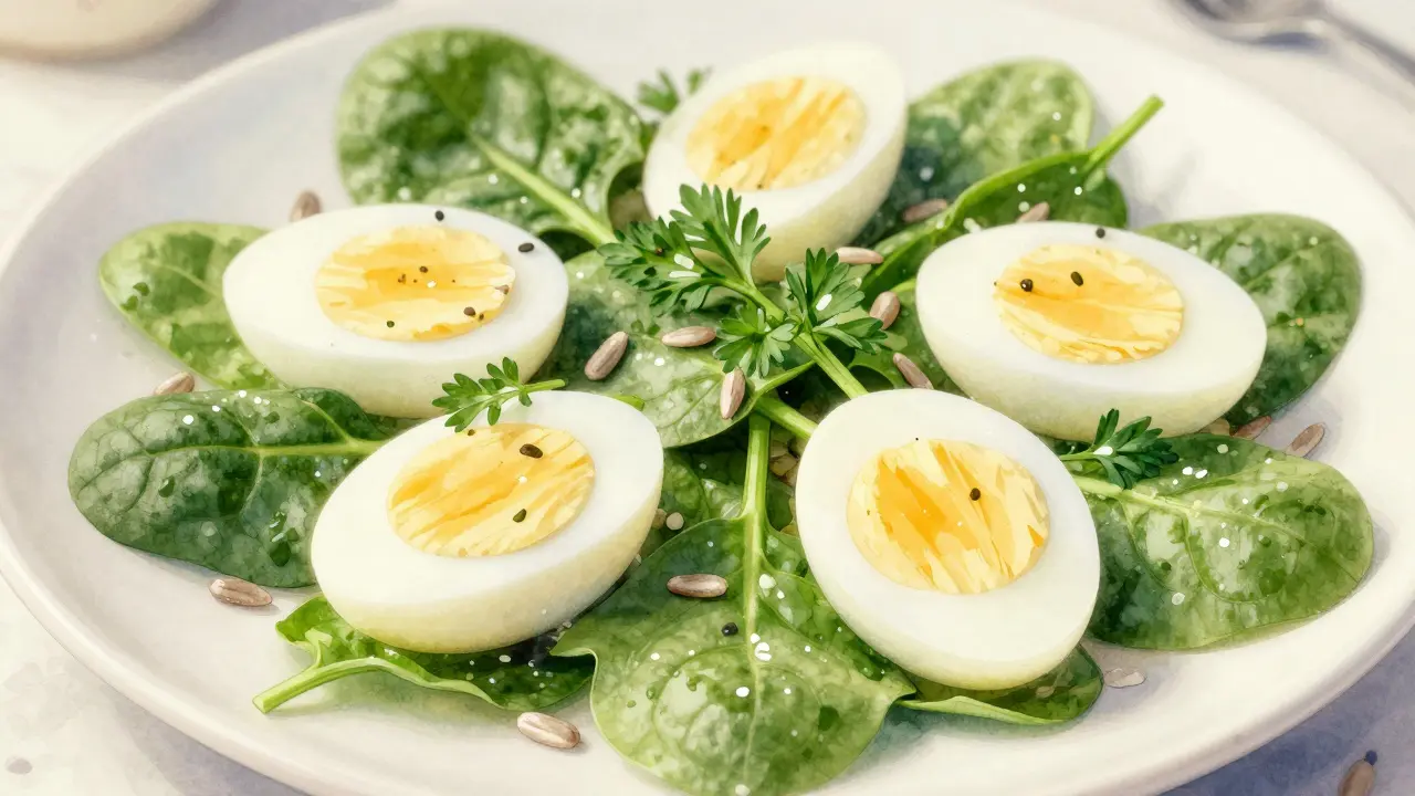 Špenátový salát s vařenými vejci a semínky pro zdravé stravování