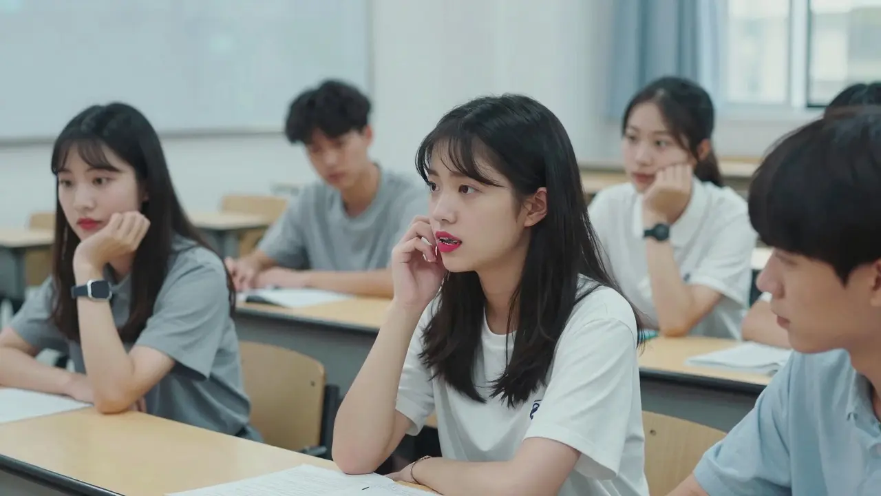 Studentka se zdráhá mluvit ve třídě, ruka se dotýká rovnátek, zatímco ostatní diskutují.