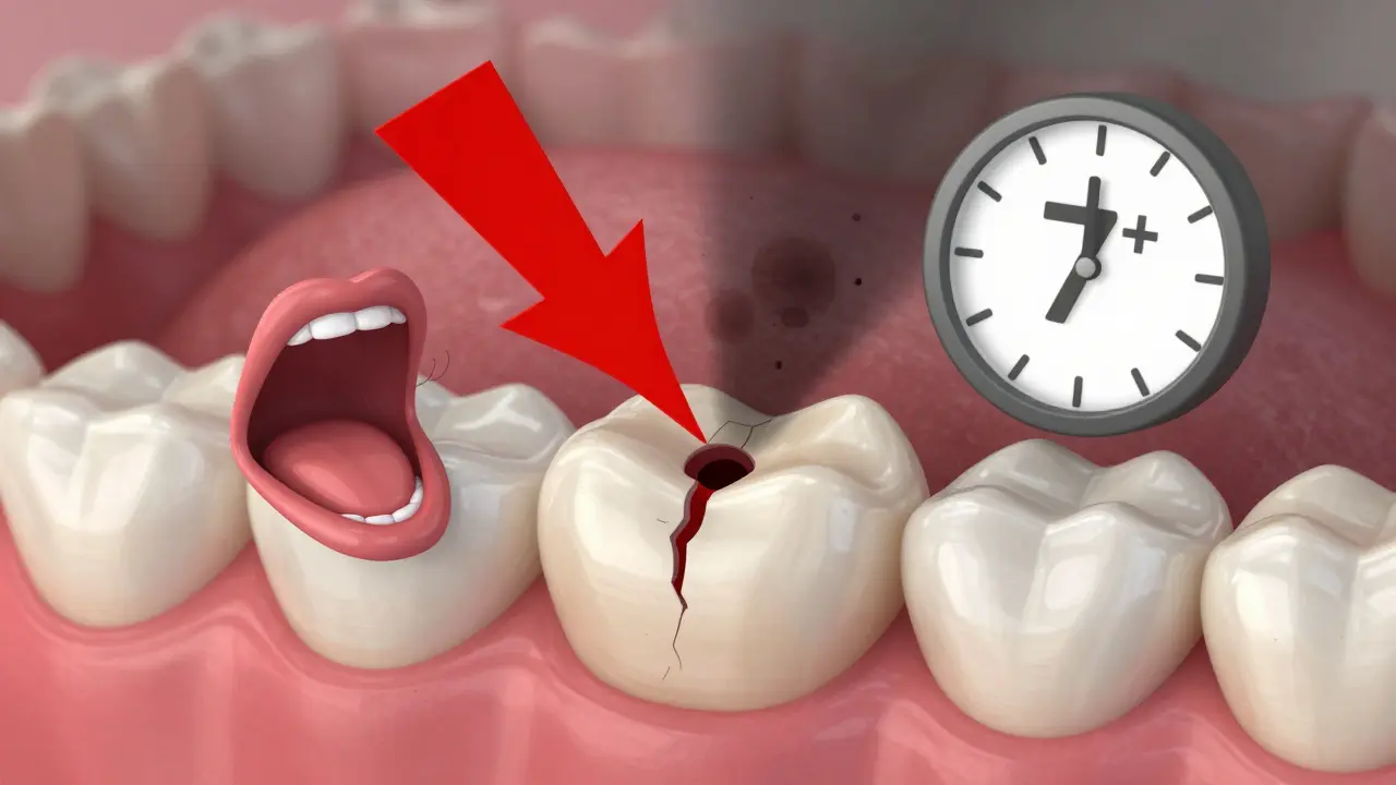 Symbolický obraz zubu s plombou a příznaky infekce a přetrvávající bolesti.