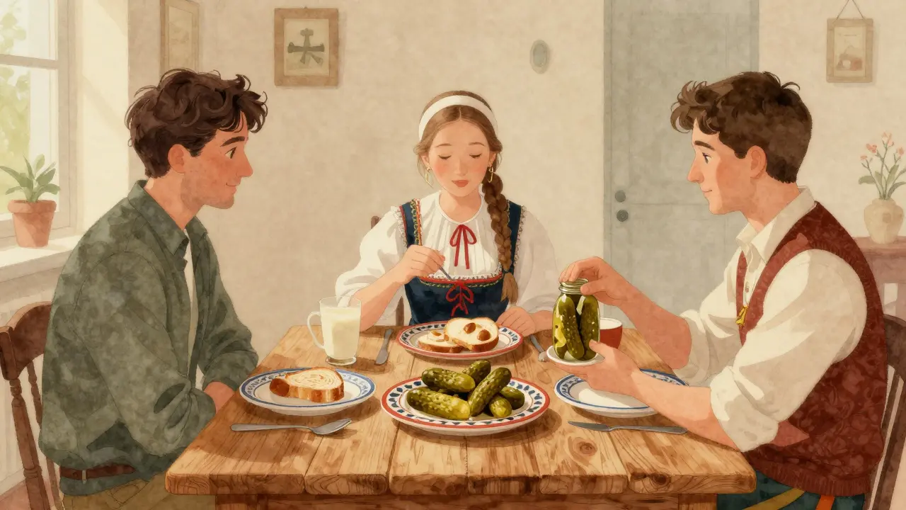 Tři přátelé sdílejí nakládané okurky a chléb v domácí atmosféře