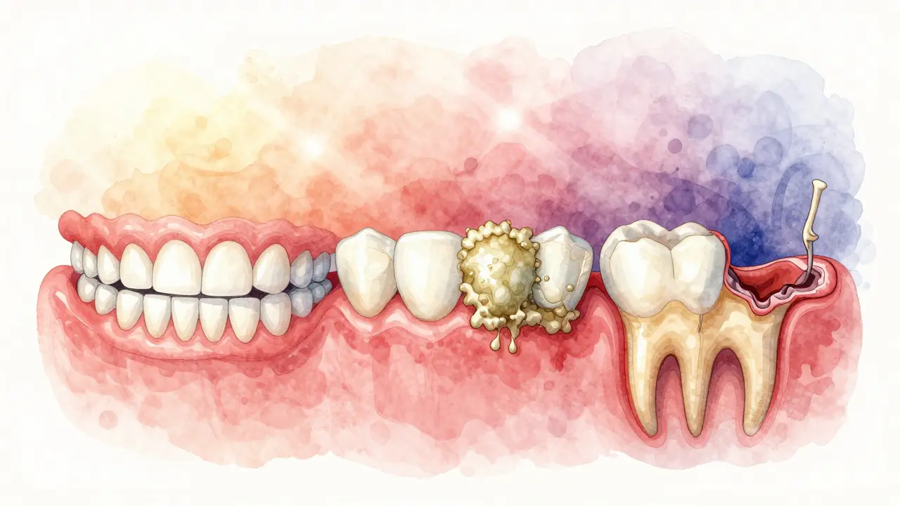 Vizualizace vývoje zdraví ústní dutiny: od zdravých zubů přes plak k zánětu dásní a ztrátě kosti.