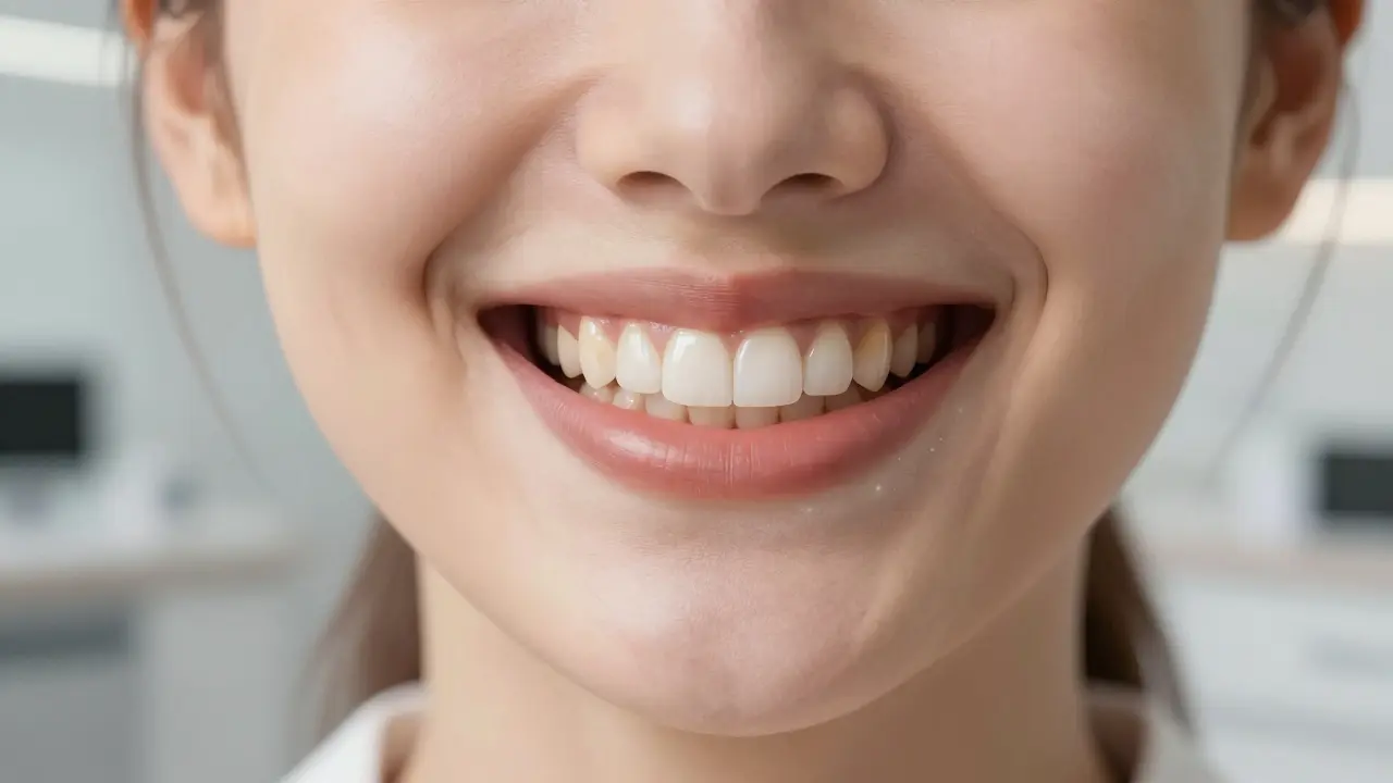 Woman smiling with naturally beautiful veneered front teeth.