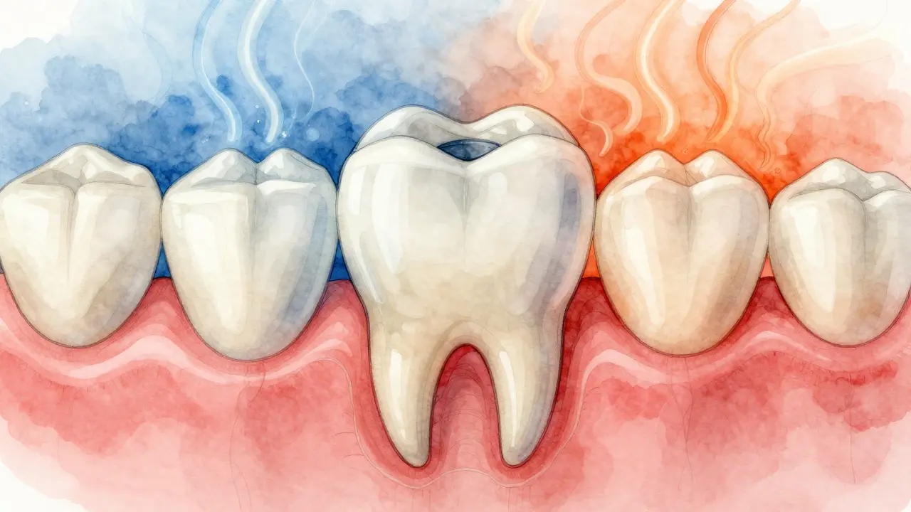 Zub s plombou z kompozitního materiálu reagující na teplotní podněty.