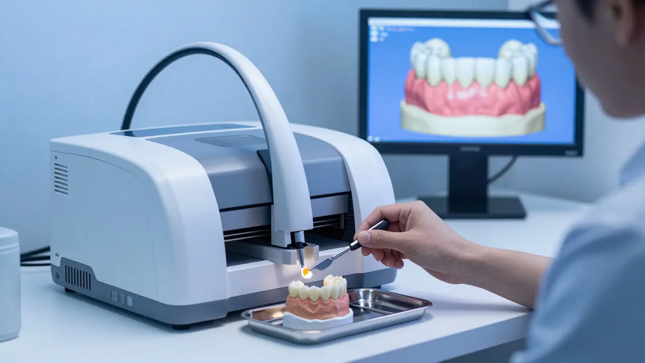 Zubní laboratoř s 3D tiskárnou vyrábějící kompozitní onlay podle digitálního otisku zubu.