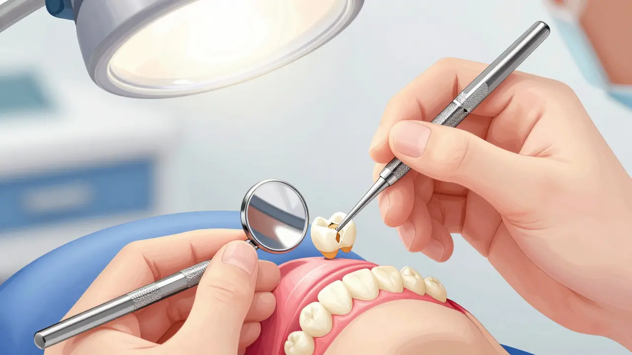 Zubní lékař aplikuje kompozitní materiál na opravu malé poškozené fazety.