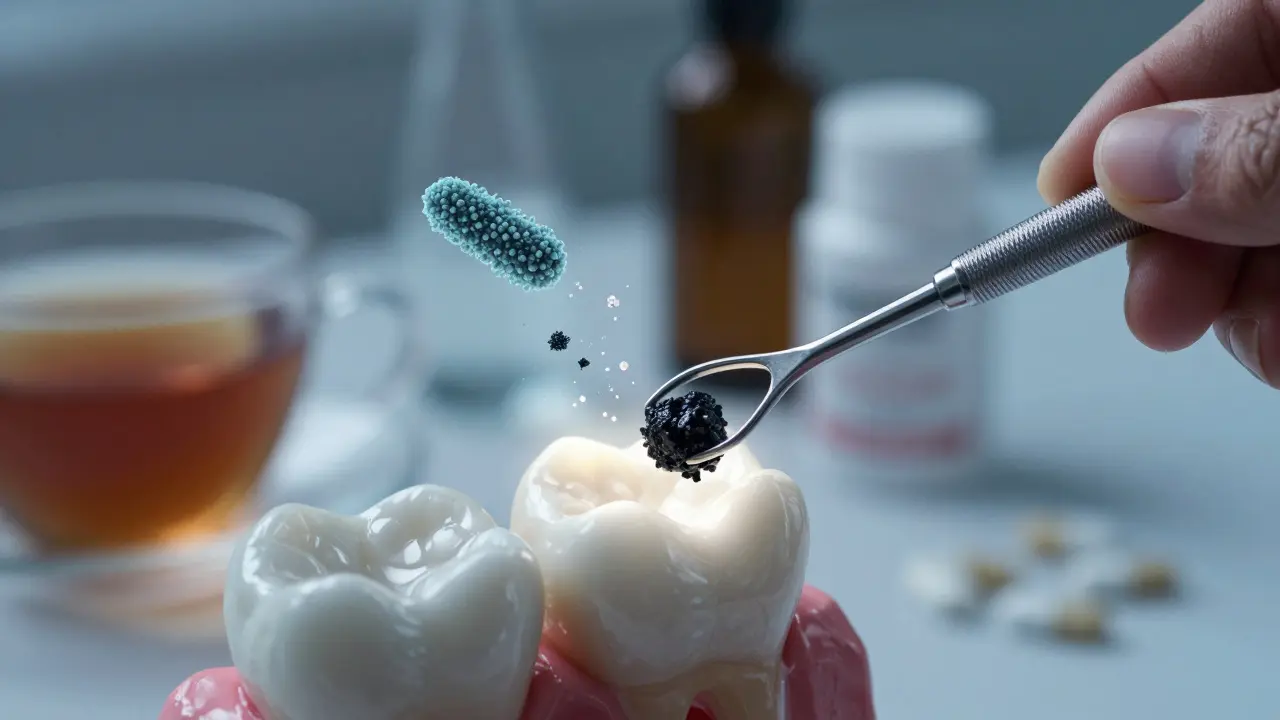 Zubní lékař odstraňuje černý kámen pomocí skáléru, s mikroskopickými bakteriemi v pozadí.