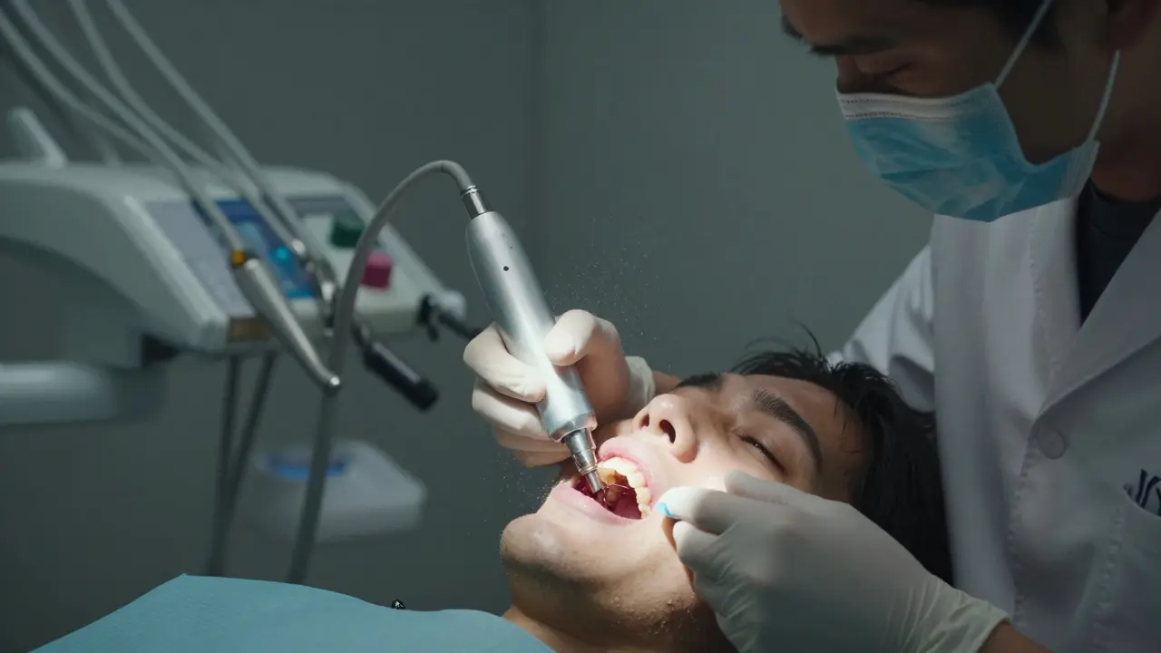 Zubní lékař odstraňuje kámen pod dásní ultrazvukovým škrobačem.