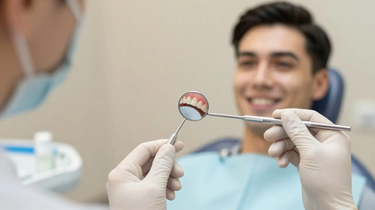 Zubní lékař prohledává keramické fazety zrcátkem, pacient usmívá.