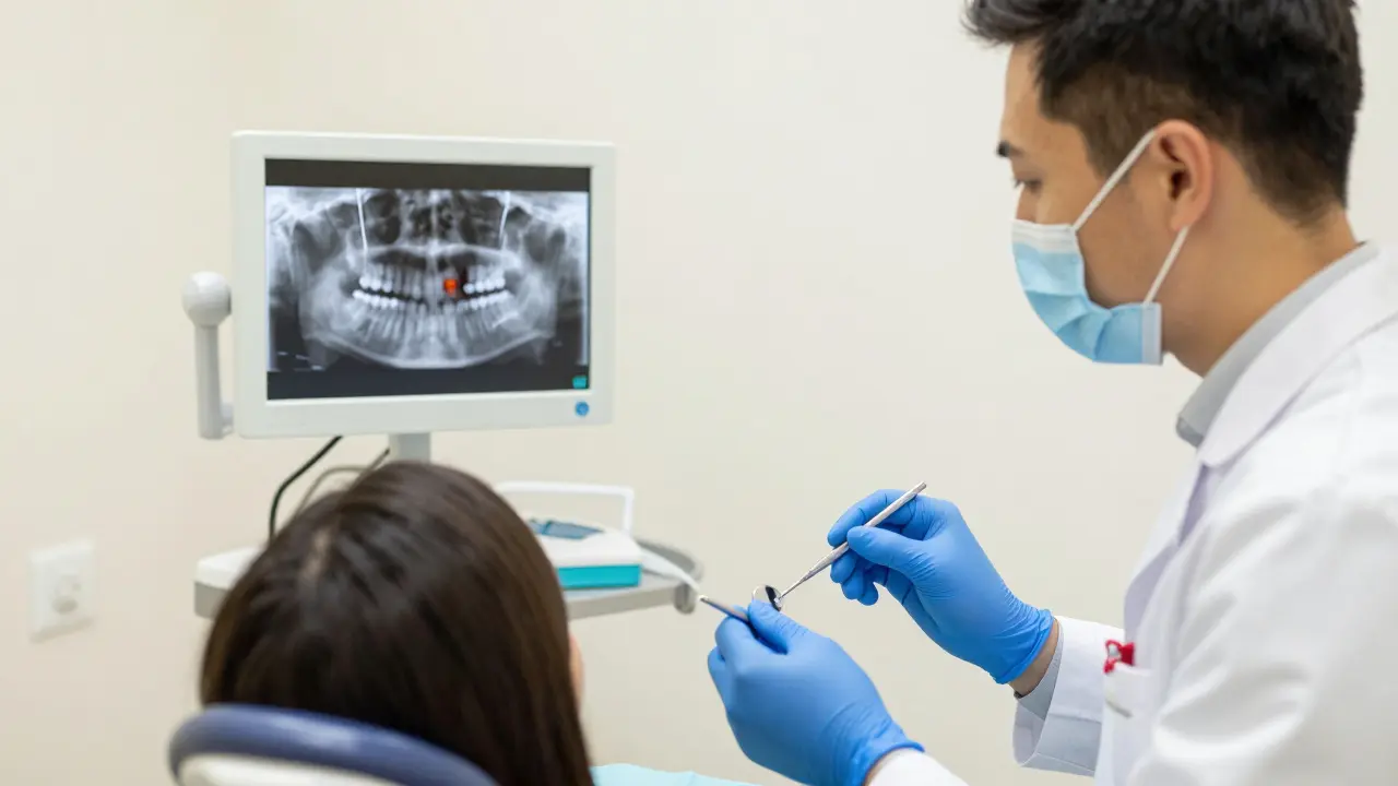 Zubní lékař prohlíží pacienta s rentgenovým snímkem infekce na stěně.