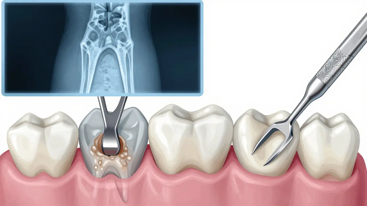 Zubní lékař provádí kyretáž – odstraňuje kámen a plak pod dásní pomocí tenkých nástrojů.