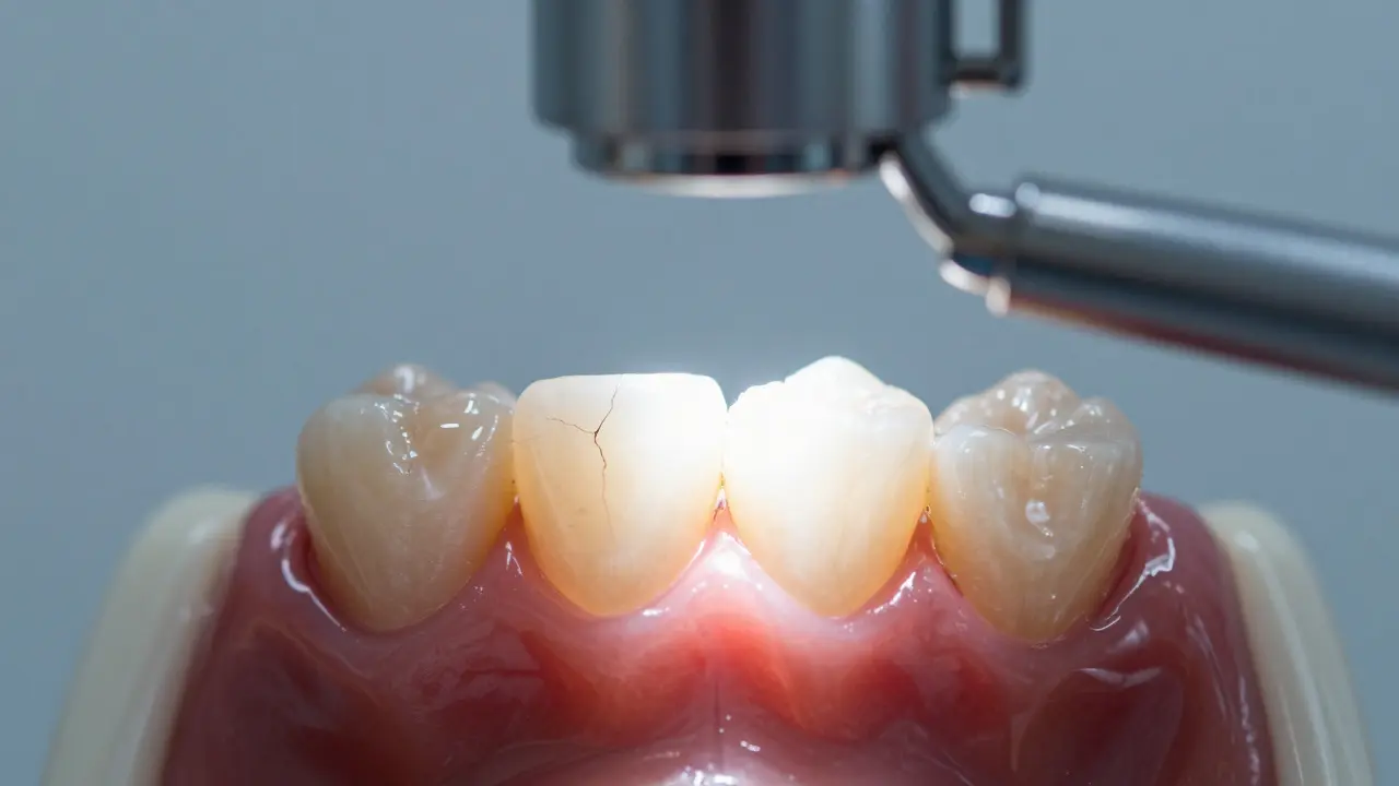 Zvětšený pohled na přední zub s tenkou trhlinou v sklovince pod dentálním světlem.