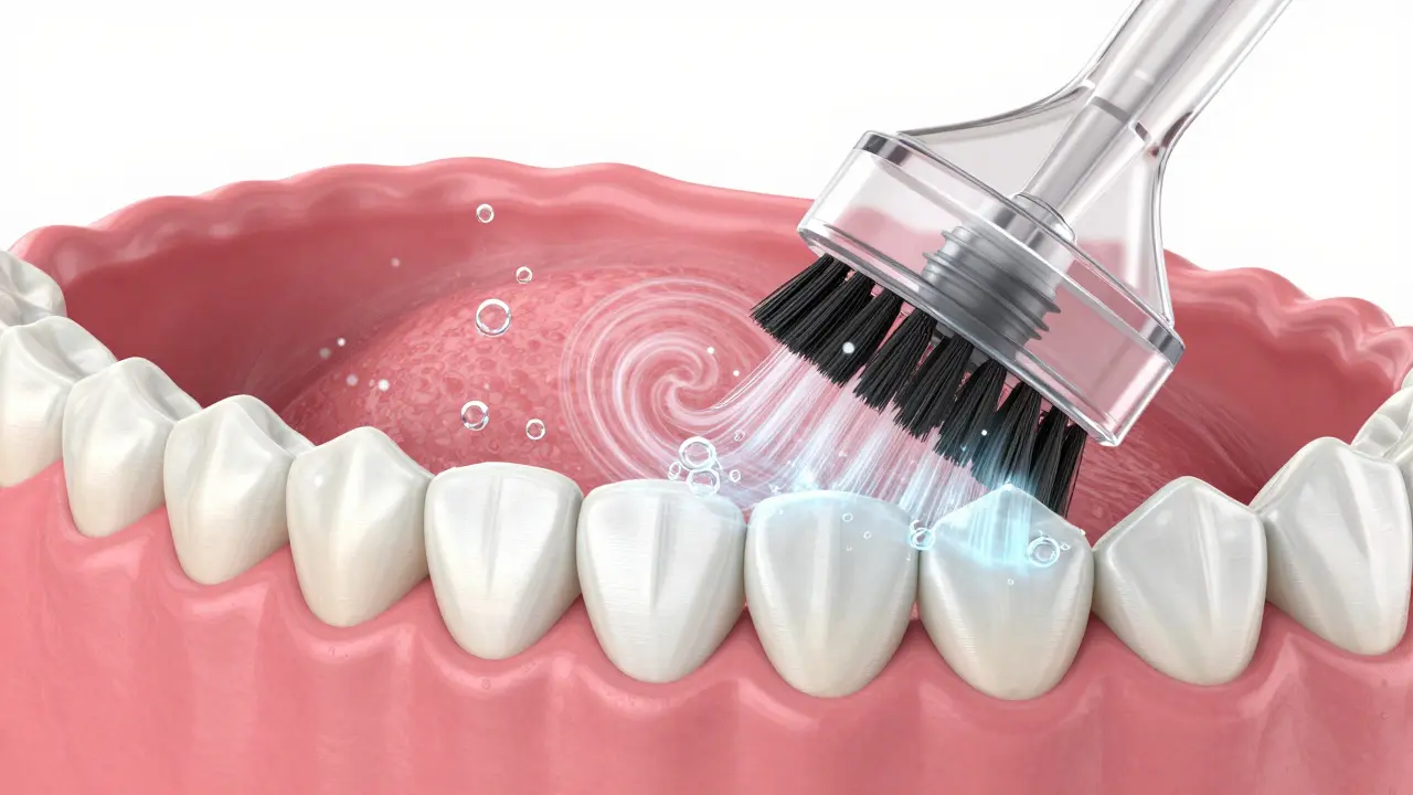 Abstraktní zobrazení vibračních vln čistících zuby a dásně