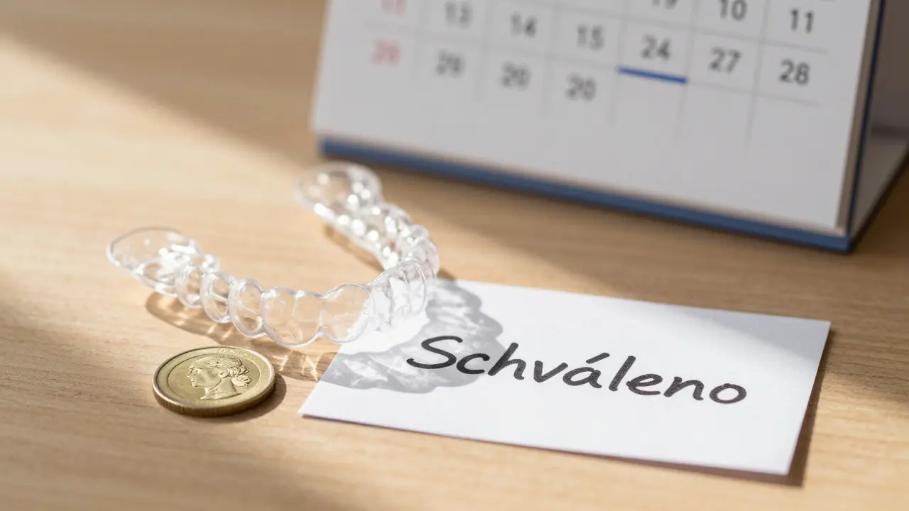 Clear aligners on table with a Czech crown and note 'Schváleno', symbolizing limited insurance eligibility.