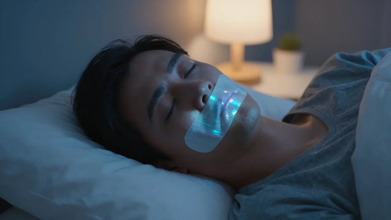 Člověk spí s ústním páskem, který podporuje nosní dýchání a správnou polohu čelisti.