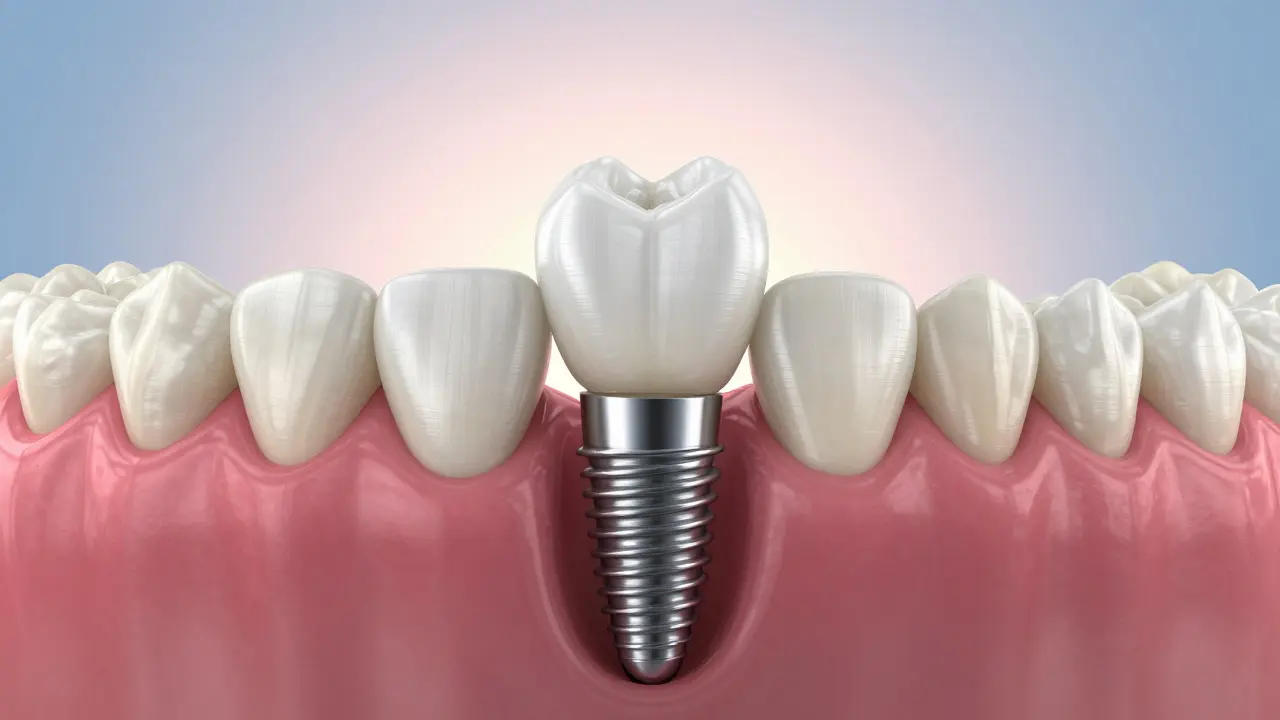 Dental implant with ceramic crown integrated into healthy jawbone structure.