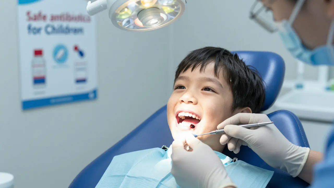 Dítě u zubního lékaře, kde jsou jedny zuby bílé a jiné tmavě zbarvené.