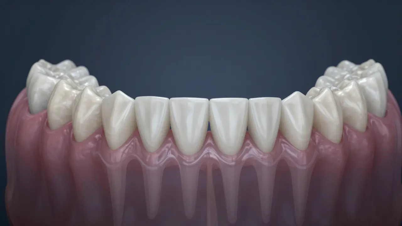 Dospělá čelist s 32 trvalými zuby a porovnáním kořenové struktury s mléčnými zuby