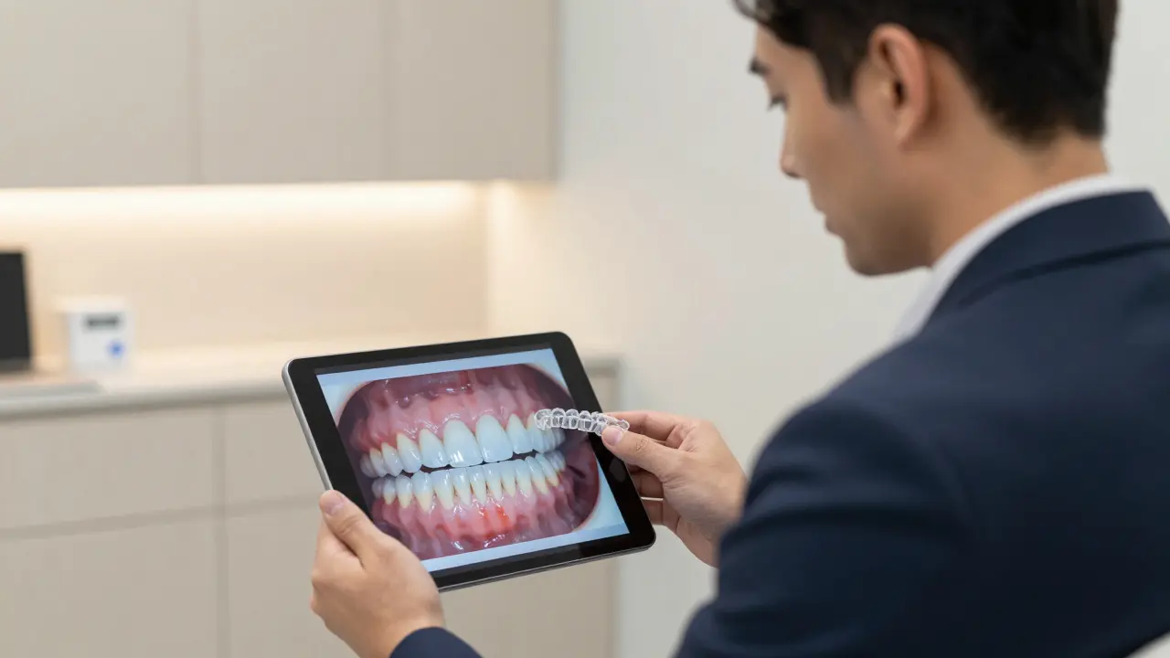 Dospělá osoba s transparentními rovnátky Invisalign, prohlížející si digitální simulaci přímého uspořádání zubů.