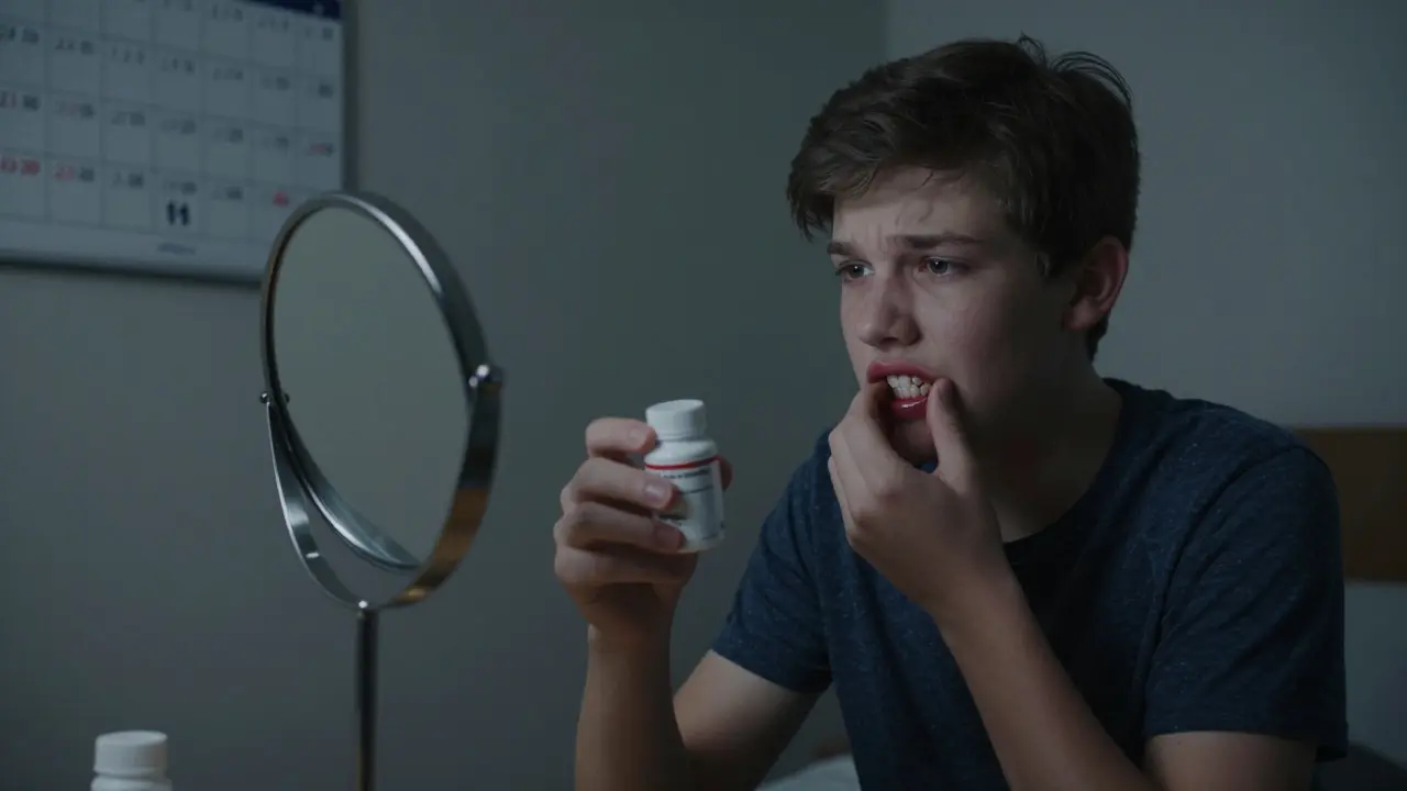 Dospívající se dívá do zrcadla a vidí tmavě zbarvené přední zuby s láhvičkou doxycyklinu.