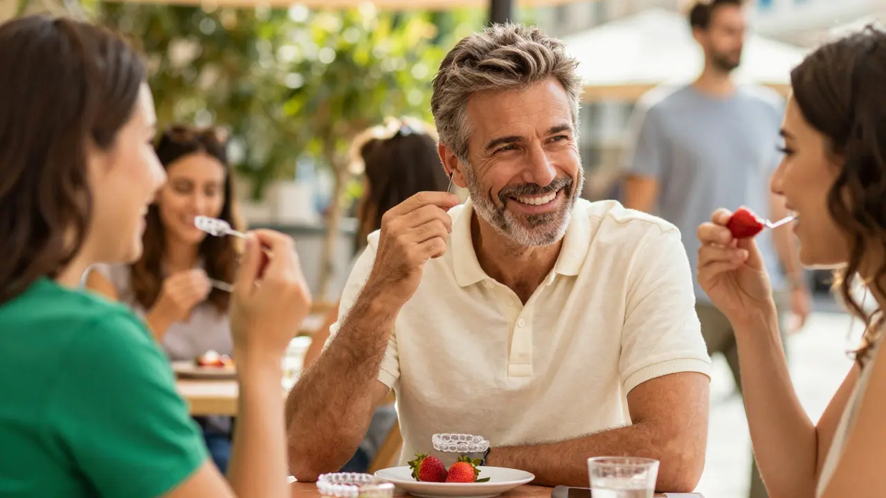 Důstojný muž se usmívá při snídani v zahradní kavárně