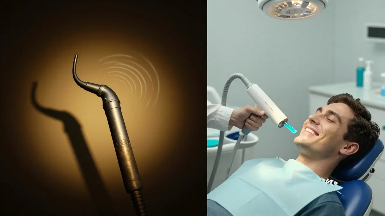 Dvě části obrázku: starý zubní vrták v temném obrazu a moderní bezbolestná léčba v jasné místnosti.