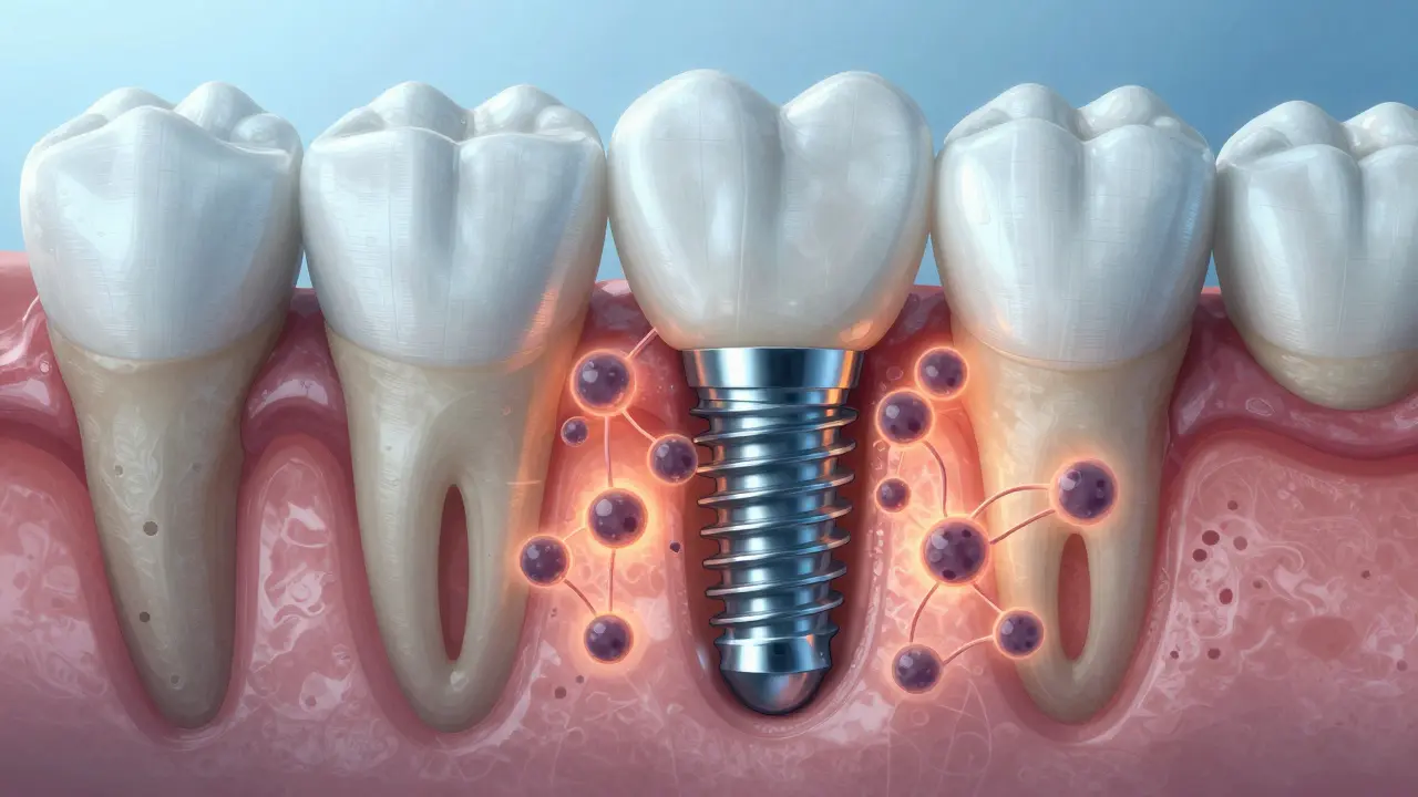 Křížový řez čelisti s implantátem, kolem nějž rostou kostní buňky v procesu osteointegrace.