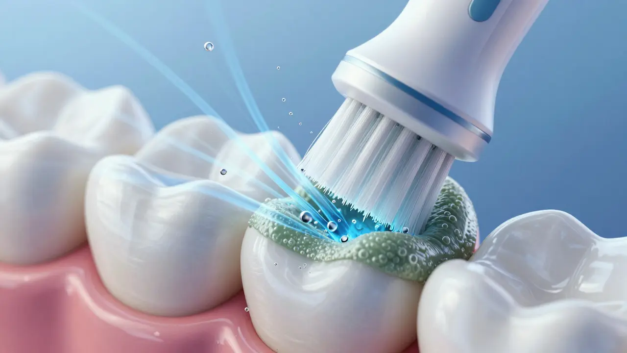 Makro záběr ukazující jak vibrace odstraňují bakterie ze zubu.