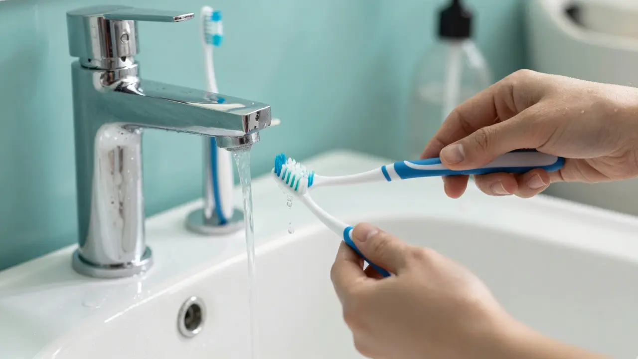 Oplachování hlavičky kartáče pod vodou a sušení na stojanu