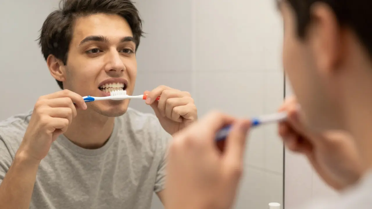 Osoba čistí zadní moláry zrcadlem, přičemž v zrcadle vidíme detaily čištění.